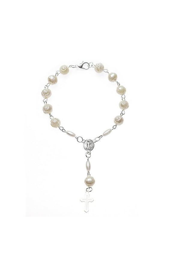White Rose Imitation Rosary Baptism Bracelet Favors Catholic Mini Rosary