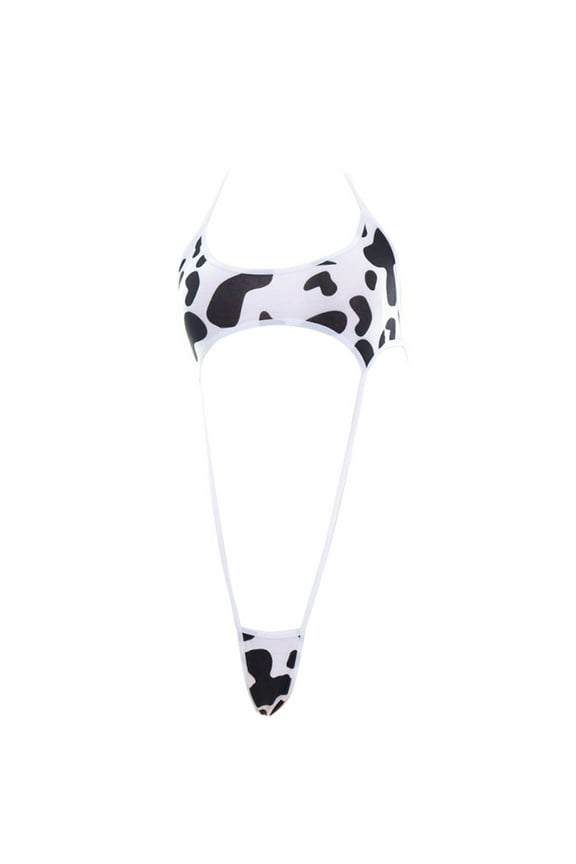 Women Anime Cute Black White Milk Cow Print Bikini Bodysuit Sexy Halter Backless Cutout Micro Jumpsuit Strappy Erotic Cosplay Lingerie Nightwear
