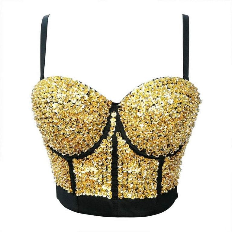 HGYCPP Women Glitter Sequins Beaded Bustier Bra Rave Festival Jewelry Push  Up Corset Camisole Night Club Bralette Sling Vest 