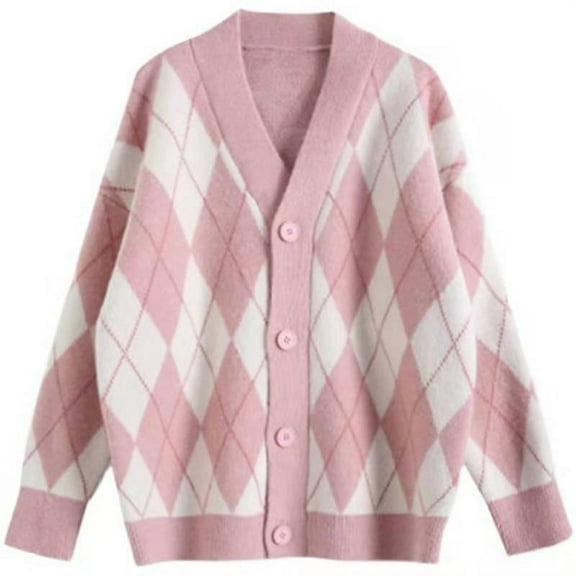 HGYCPP Women Long Sleeve Sweater Cardigan Argyle Plaid Knitwear Coat Button Down Jacket