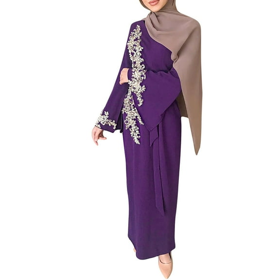 HGYCPP Women Muslim Dubai Abaya Long Sleeve Maxi Dress Floral Lace Beading Splice Turkey Hijab Robe Kaftan Islamic Clothing