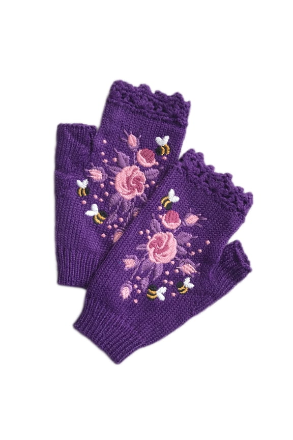 Women Winter Crochet Knitted Fingerless Gloves Sweet Colorful Floral Bee Embroidery Thumbhole Texting Mittens Arm Warmer