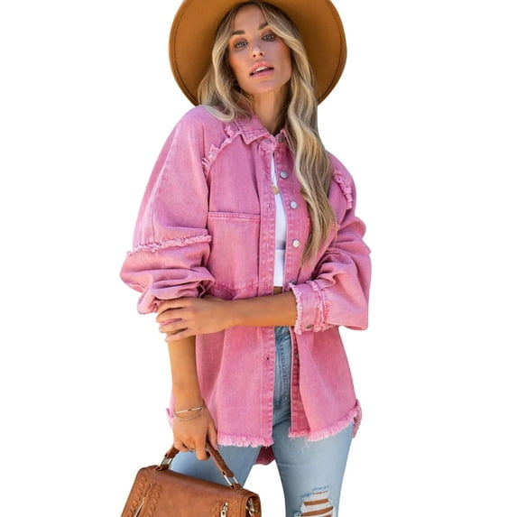 HGYCPP Womens Jean Jacket Frayed Washed Button Up Denims Jacket with Pockets Casual Distressed Denims Jacket Coat for Winter