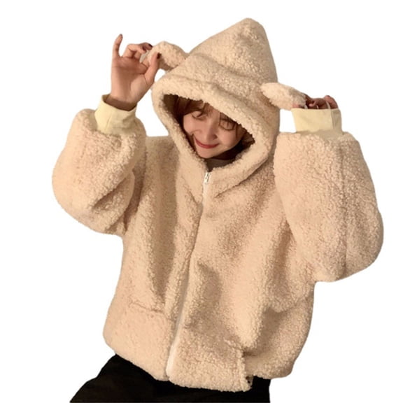HGYCPP Womens Long Sleeve Zipper Up Cute Bear Ears Fuzzy Hoodie Jacket Oversized Faux Lamb Wool Sweatshirt Coat with Pockets
