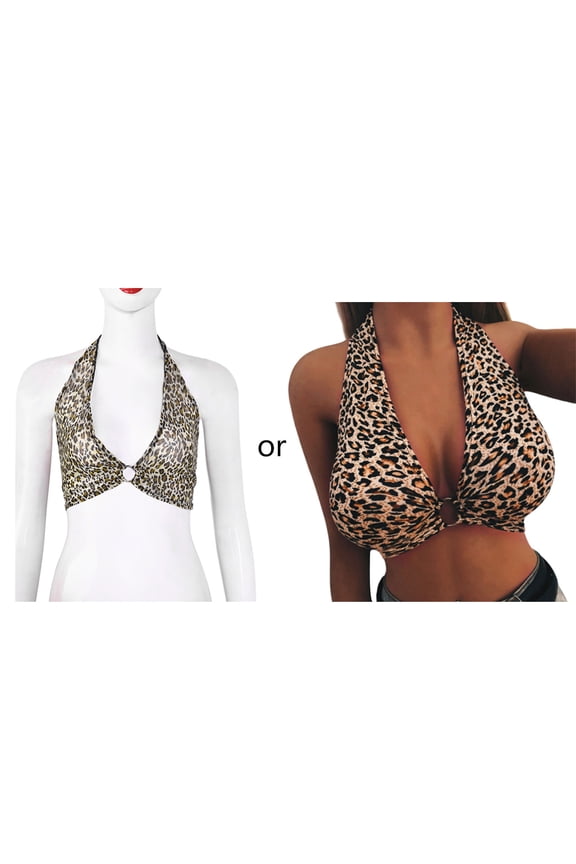 Womens Sexy Plunging Deep V-Neck Bralette Halter Wide Strap Leopard Backless Crop Top Metal Ring Ruched Push Up Bustier Clubwear