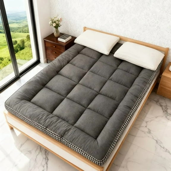 HGmart 60 in. x 80 in. Mattress Topper Microfiber Polyester Bed Protector Cover, Gray Cushion grid with sponge pad, Queen Size