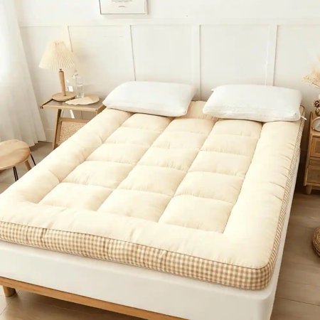 HGmart 76 in. x 80 in. Mattress Topper Microfiber Polyester Bed Protector Cover, Beige Cushion grid, King Size