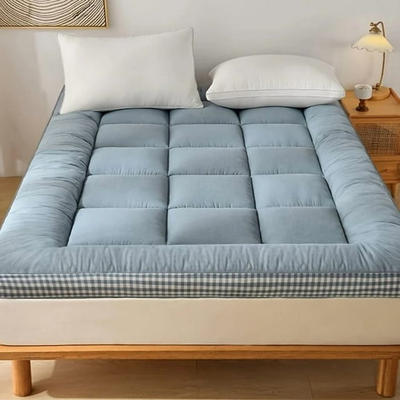 HGmart 76 in. x 80 in. Mattress Topper Microfiber Polyester Bed Protector Cover, Blue Cushion grid, King Size
