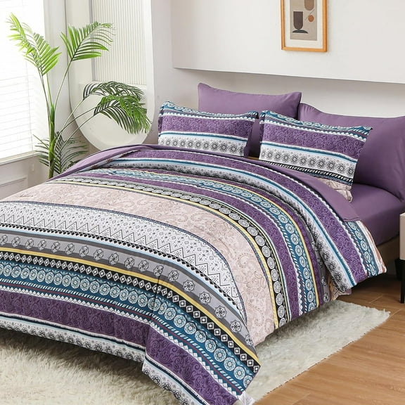 HGmart Bohemian Purple Pattern King 3 Piece Comforter Set, Microfiber Filling, Luxury Soft Breathable Bed Set for All Seasons