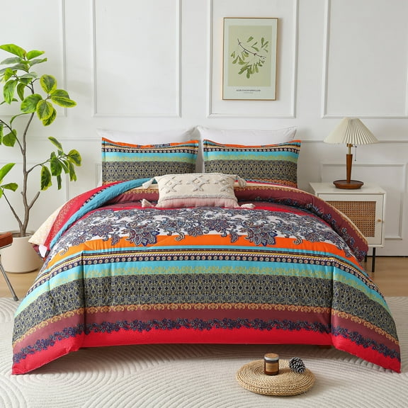 HGmart Bohemian Red Pattern Queen 3 Piece Comforter Set, Microfiber Filling, Luxury Soft Breathable Bed Set for All Seasons