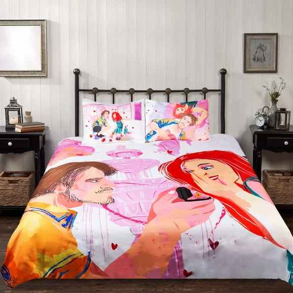 HGmart Couples Bedding Duvet Cover Set Marriage Proposal Theme 3 Pieces Bedding Set with 1 Comfoter Cover and 2 Pillow Shams, Queen