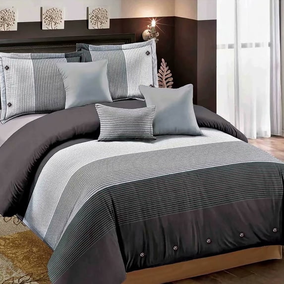 HGmart Duvet Cover 90g Microfiber Down Comforter Quilt Bedding Cover, 3 Piece - 1 Duvet Cover 2 Pillow cases, Solid Button Design, Striped Black Gray, Queen