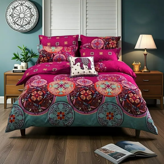 HGmart Fuchsia round pattern queen 3 pieces comforter set, stylish, elegant, warm, and comfortable