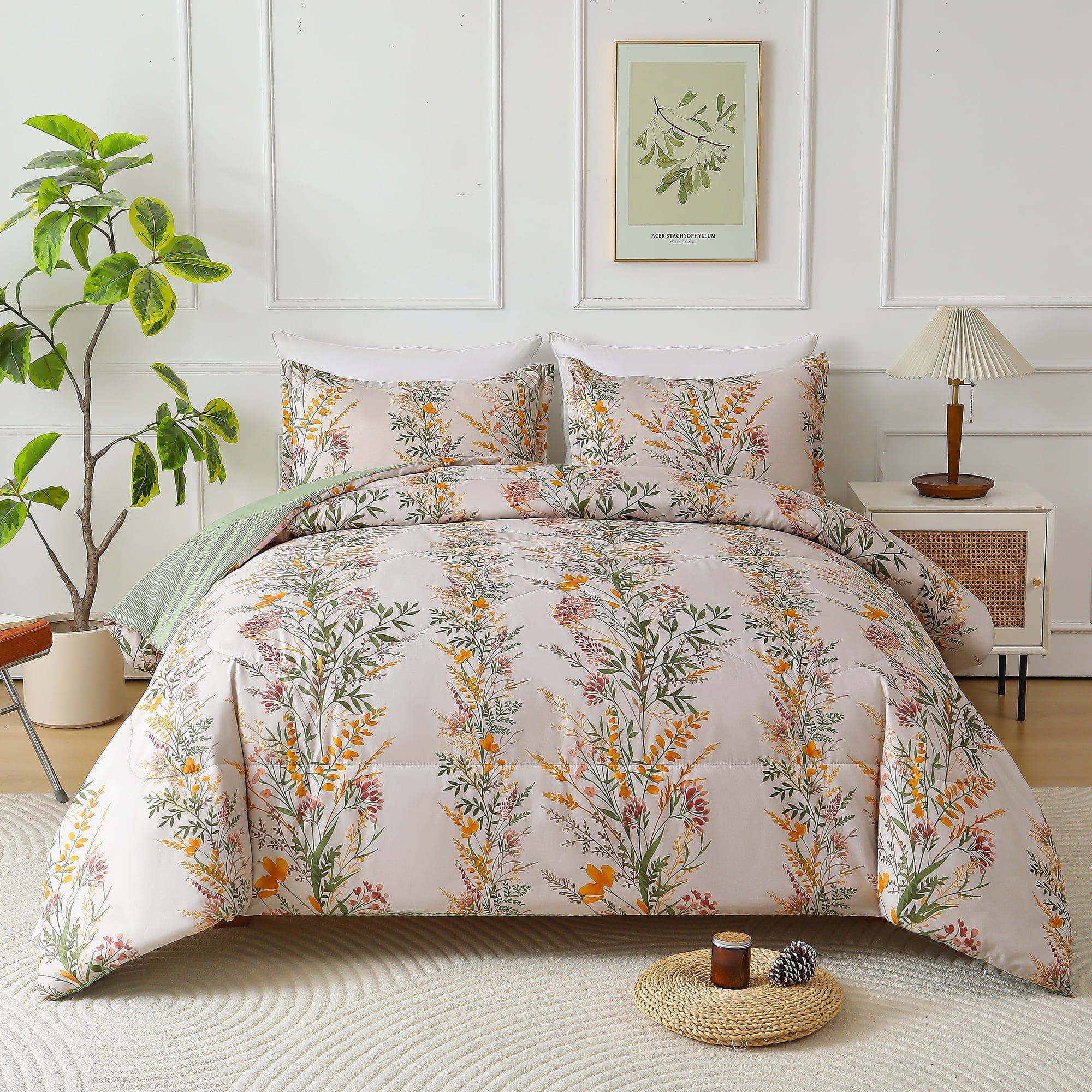 HGmart Yellow Green Floral Fragments Queen 3 Piece Comforter Set, Microfiber Filling, Luxury Soft Breathable Bed Set for All Seasons
