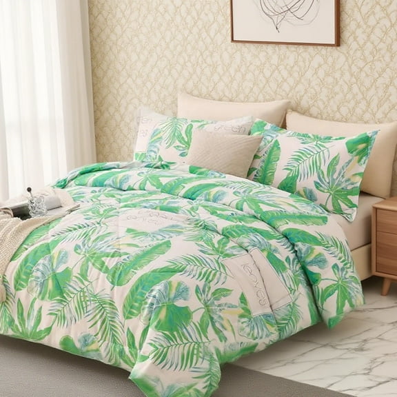 HGmart Tropical green leaves Queen 3 Piece Comforter Set, Microfiber Filling, Luxury Soft Breathable Bed Set for All Seasons