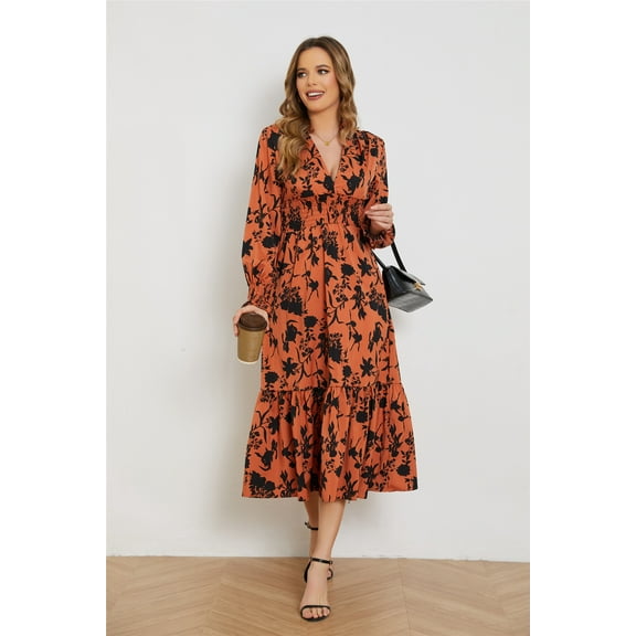 HH 2024 Autumn and Winter New V-neck Long Sleeve High Waist Floral Dress Women