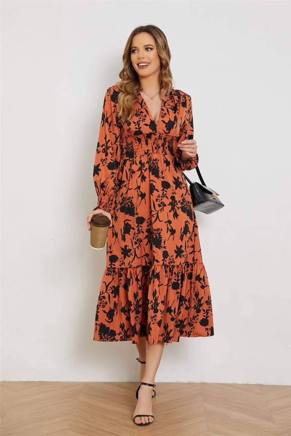 HH 2024 Autumn and Winter New V-neck Long Sleeve High Waist Floral Dress Women