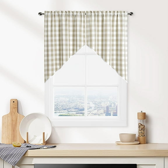 HH Beige Buffalo Plaid Swag Valances, Farmhouse Swag Kitchen Curtains 36 Inches Long, Rustic Gingham Check Small Window Short Window Treatment for Kitchens Bathroom, 28" x 36", Linen, Set of 2