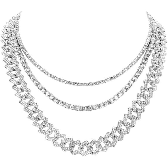 HH Bling Empire Gold Tennis and Cuban Link Chain for Men,Iced Out Mens Diamond Cuban Chain Necklace Sets,Hip Hop Rapper Jewelry Chains,3 Pcs 18/20/24 Inch (Set D-Silver)