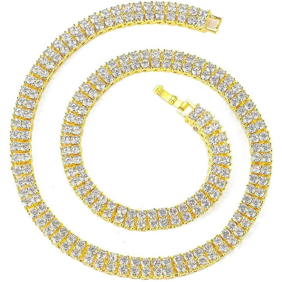 HH Bling Empire Iced Out Chains for Men,Gold or Silver Diamond Tennis Necklaces,Mens Hip Hop Baguette Tennis Chains 16-30 Inches (2 Row-Gold-22")