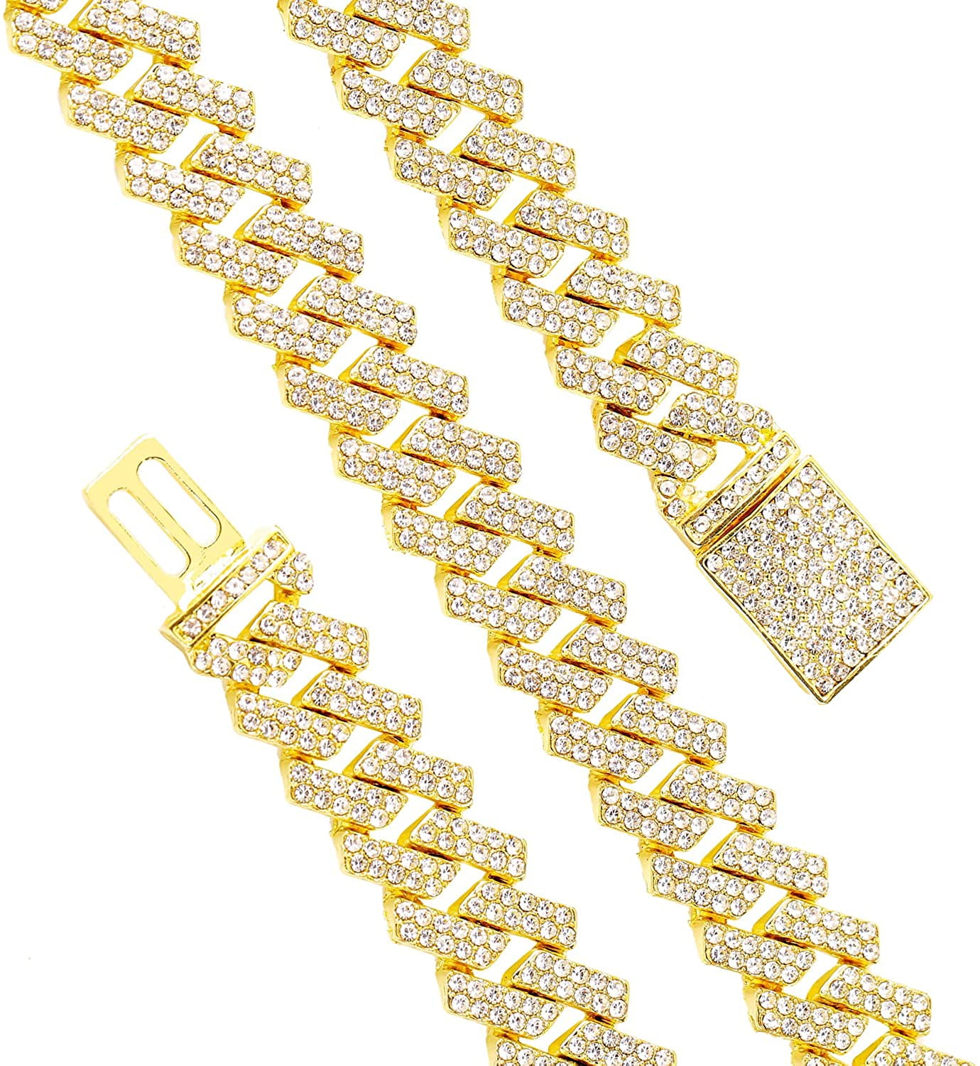 Miami Mens Cuban Link Chain Silver Gold Plated Bling Cuban Necklace Diamond  Chain for Men 13MM iced out chain Hip Hop Jewelry，8.5/18/20/24 Inch  Length-With metal gift box. 