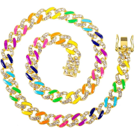 HH Bling Empire Iced Out Diamond Cuban Link Chain Necklaces for Men Women Silver Gold Multicolored 18-30 Inches