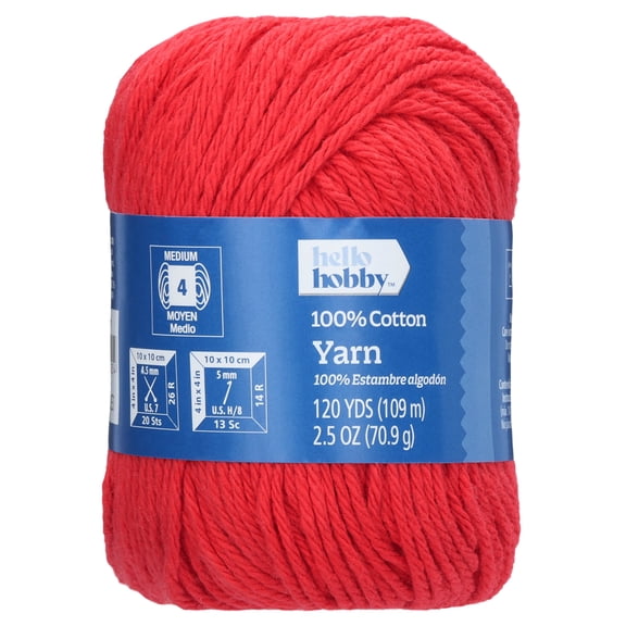 Hello Hobby Size 4 Medium Weight Cotton Red Yarn, 2.5 oz, 120 yds