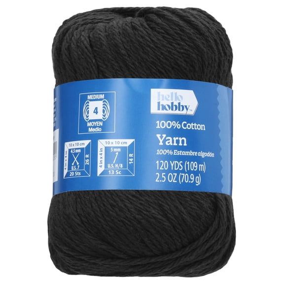 Hello Hobby Size 4 Medium Weight Cotton Black Yarn, 2.5 oz, 120 yds