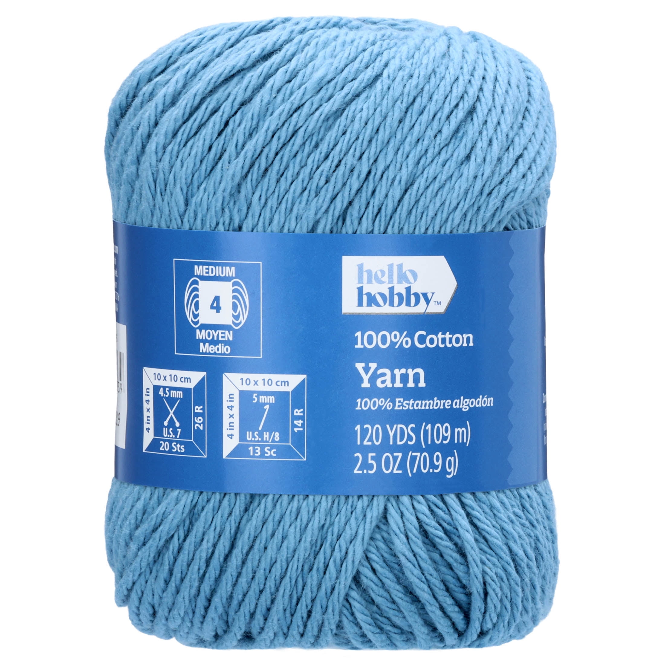 Hello Hobby Size 4 Medium Weight Cotton Light Blue Yarn, 2.5 oz, 120 yds