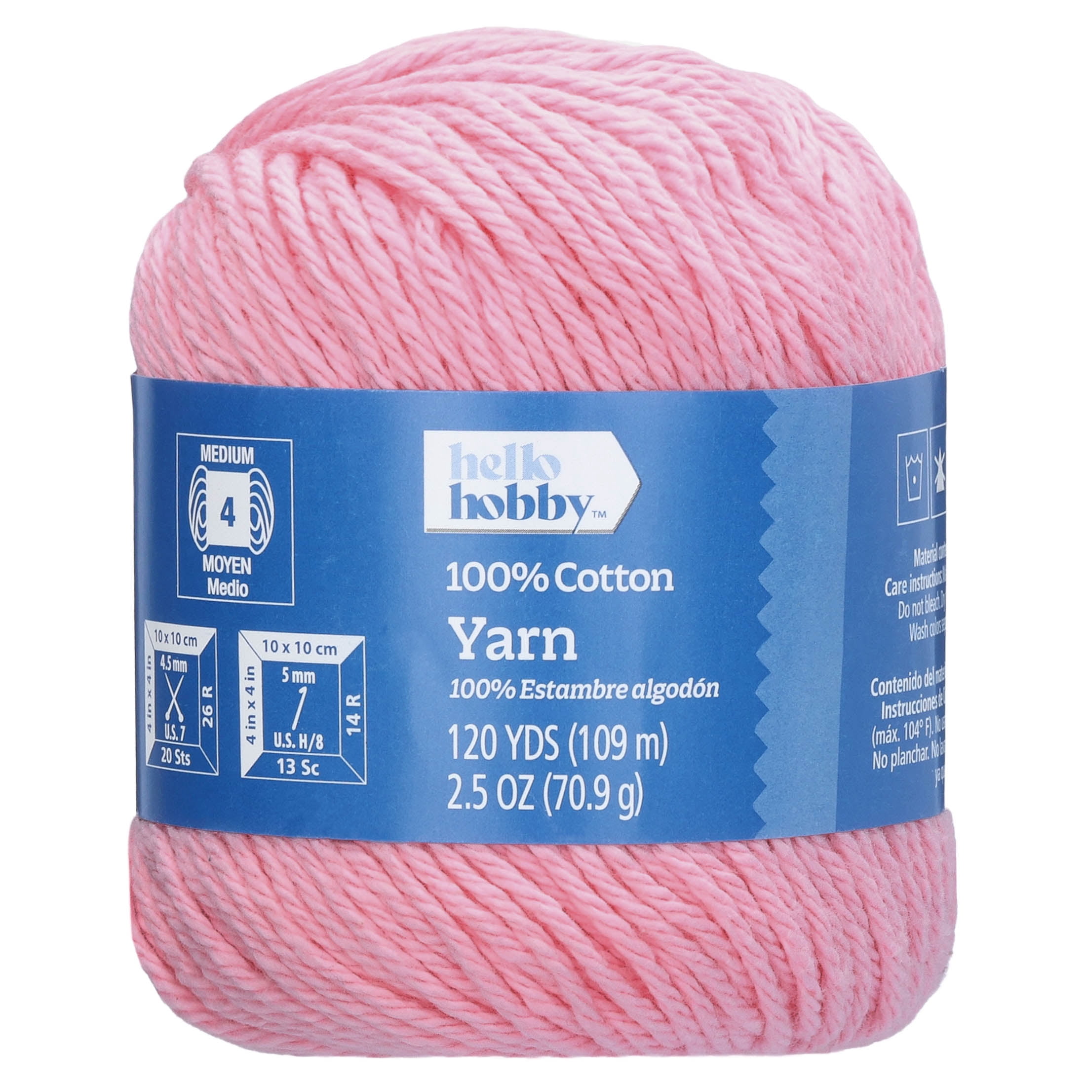 Hello Hobby Size 4 Medium Weight Cotton Pastel Pink Yarn, 2.5 oz, 120 yds