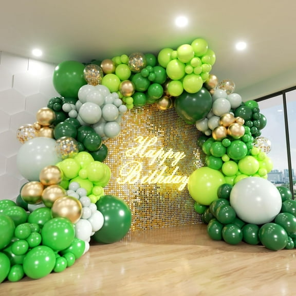 HH Green Balloon Arch Kit,  140Pcs Emerald Dark Lime Pastel Green and Gold Balloons 18 12 10 5 Inch Different Size Balloons for Birthday Wedding Safari Jungle Baby Shower Boys Party Decorations