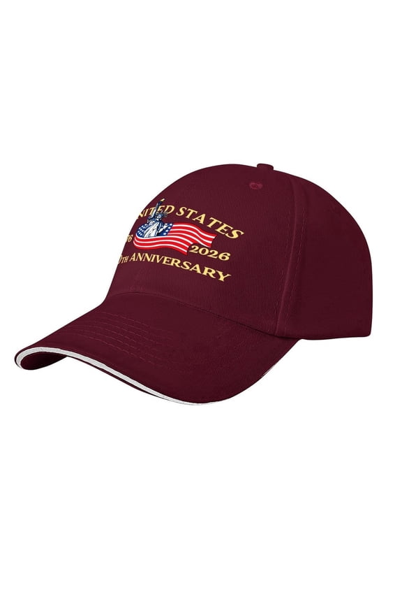 USA 250th Anniversary Sandwich Brim Baseball Cap, Patriotic American Hat for Men Women, Polyester, Fits 22-23" Head - crimson