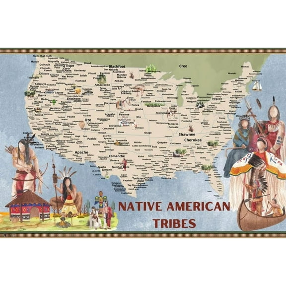 HH Laminated Native American Tribes State Icons Map Native Indigenous People Picture Photograph Photo Map Nation Border Wall History Movement Colonial Vintage Retro Poster Dry Erase Wall Art 24x36