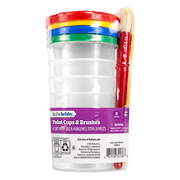 Hello Hobby 8-Piece Craft Paint Cup Set with Hog Bristle Brushes