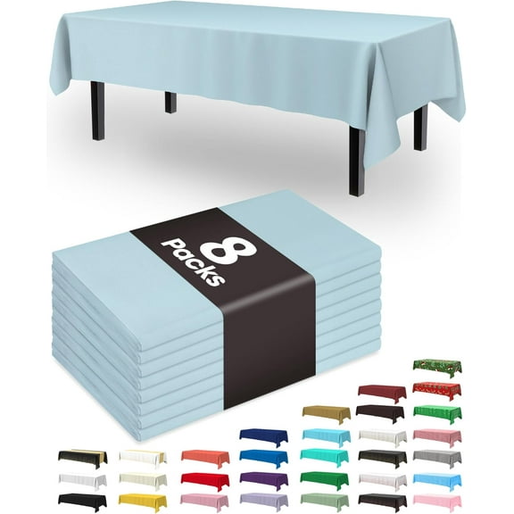 HH Plastic Table Cloth Disposable 8 Pack, 54 x 108 Inch Table Cloths, Easter Party, Picnic, Wedding, Decorative Tablecloths, Rectangle, Baby Blue Plastic Cover, Leakproof & Sturdy, Light Blue