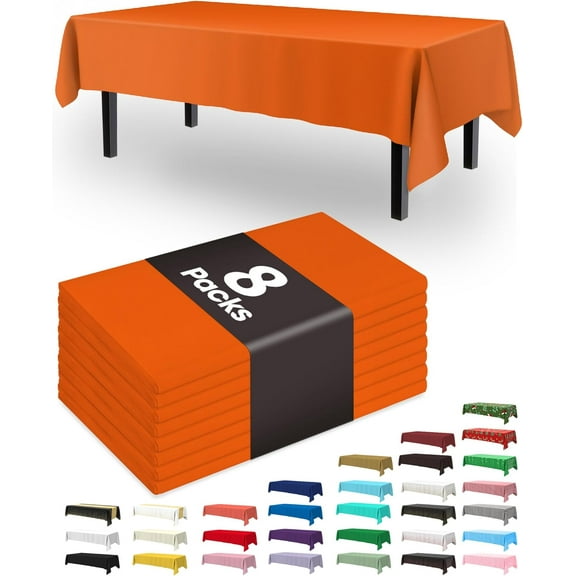 HH Plastic Table Cloth Disposable 8 Pack, 54 x 108 Inch Table Cloths, Halloween Party, Thanksgiving Decorations, Harvest, Fall Tablecloths, Rectangle Tables, Leakproof & Sturdy, Orange