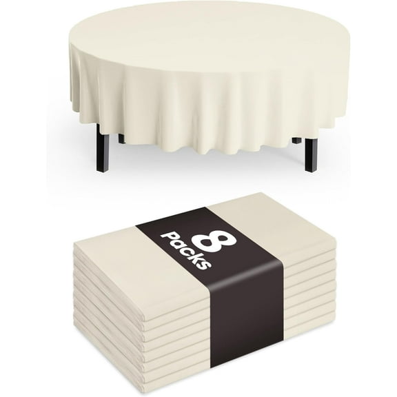 HH Plastic Table Cloth Disposable 8 Pack, 84'' Round Table Cloths, Party, Wedding, Thanksgiving Decorations, Fall Tablecloths, Round, Beige Plastic Cover, Leakproof & Sturdy, Cream, Ivory