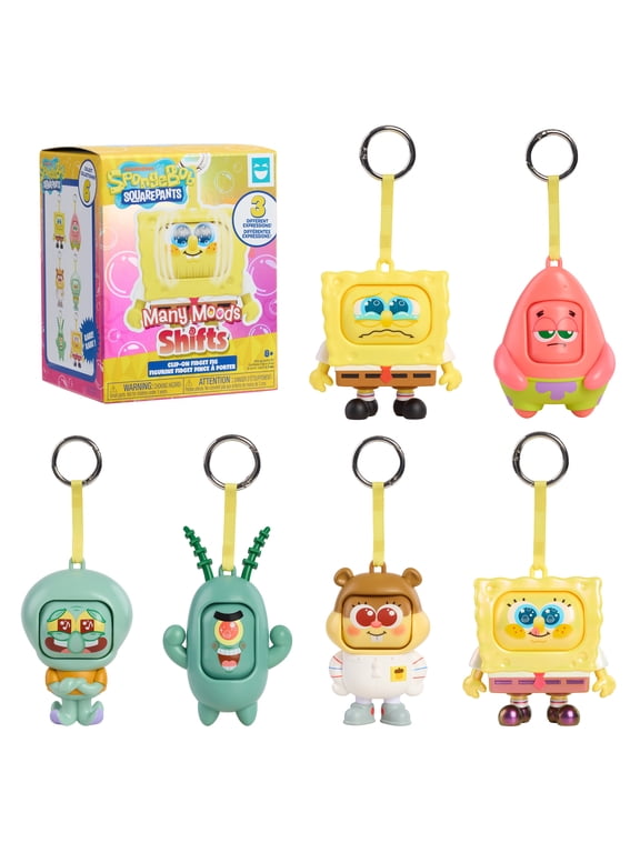 SpongeBob SquarePants Many Moods Shifts Clip-on Fidget Figs Surprise Toys, Drop 2 Blind Box Collectibles, 3.5-Inch Clip-on with Spinning Face by Just Play, Short-Run Drop, Ages 8+