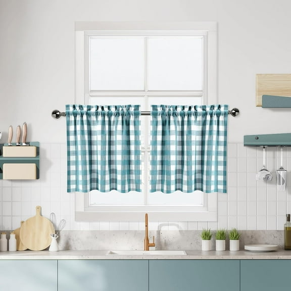 HH Teal Dark Blue Buffalo Plaid Cafe Curtain Farmhouse Tiers Kitchen Curtains 24 Inches Long, Gingham Check Rod Pocket Half Window Short Drapes for Kitchens Bathroom, 28" x 24", Teal/White, Set of 2