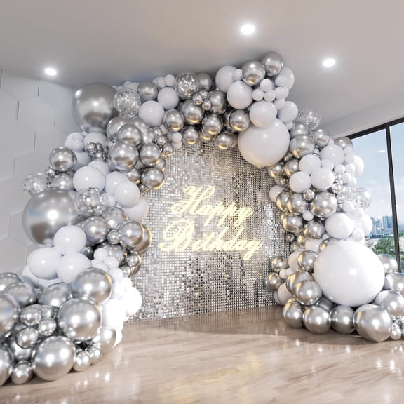 HH White and Silver Balloon Arch Kit, 140Pcs White Metallic Silver and Silver Confetti Party Balloon Garland Kit for Birthday, Wedding, Engagements, Baby Shower, Anniversary Party Decorations