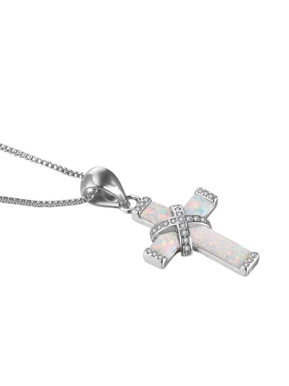 18K White Gold Plated Created Fire Opal, Cross Necklace Opal Pendant Necklace, Cross Pendant For Women Jewelry Gifts for Birthday Anniversary