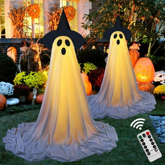 HHBEAUTY 2 Pack 82.7" Halloween Light Up Ghost Kit Decoration with LED Lights and Witch Hat, Scary Halloween Decor for Indoor Outdoor, Porch, Patio, Garden, Lawn, House Party (USB)
