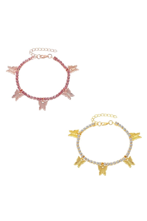 2PCS Boho Crystal Butterfly Anklet Bracelet Butterfly Tassel Anklet Chain Butterfly Ankle bracelet Rhinestone Tennis Chain Ankle Foot Chain Jewelry Women
