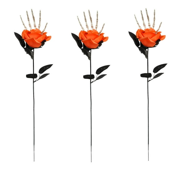 HHBEAUTY 3 Pcs Halloween Orange Faux Rose Artificial Flowers with Skull Skeleton Hand Orange Flower Bouquets Black Eucalyptus Leaves Branches Set Fake Rose for Halloween Party