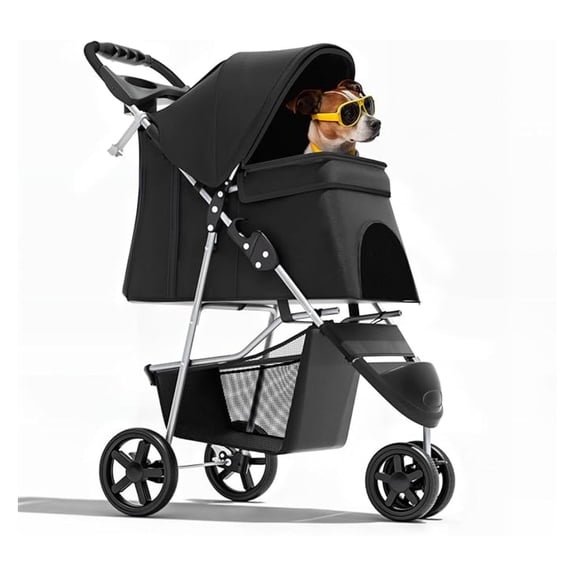 HHBEAUTY 3-Wheel Pet Stroller, Foldable Travel Jogger for Small & Medium Dogs & Cats (Up to 33lbs), Lightweight Carrier with Breathable Mesh Cover, Cup Holder & Storage Basket, Black