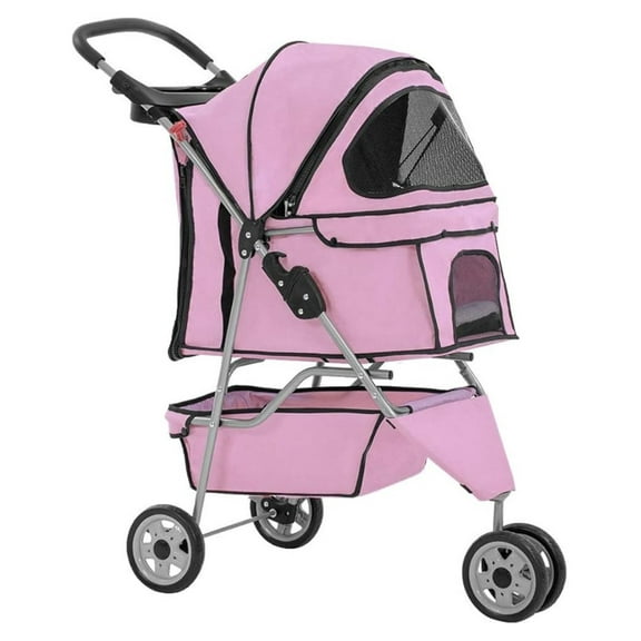 HHBEAUTY 3 Wheels Pet Dog Stroller Cat Cage for Medium Small Dogs Cats Travel Folding Carrier Waterproof Puppy Stroller with Cup Holder & Removable Liner,Pink