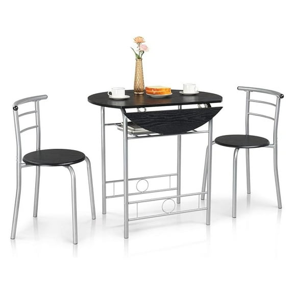 HHBEAUTY 31.5" Drop Leaf Dining Table Set 3 Pieces for Small Space,Small Kitchen Table Set for 2,Round Folding Dining Table with 2 Chairs for Home,Kitchen,Apartment,Silver&Black