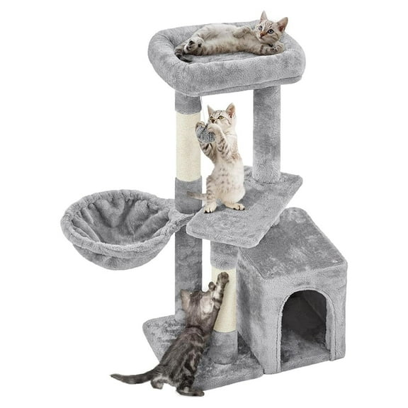 HHBEAUTY 34.5in Scratching Post, Cat Scratchers for Indoor Cats and Kittens, Multifunctional Activity Post w/Sisal Rope＆Dangling Ball＆Large Condo, Light Gray
