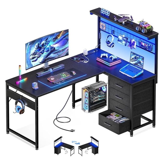 HHBEAUTY 43” L Shaped Gaming Desk for Small Rooms, Compact Corner Computer Table with Shelf & Hutch, 4 Drawers, LED Light, Power Outlets, USB Ports, Black