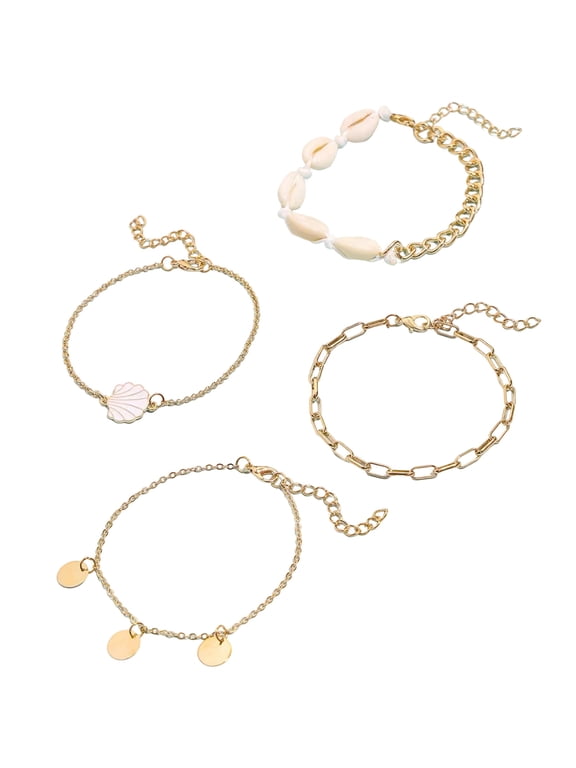 4Pcs Layered Seashell Anklets Bracelets Set for Women, Adjustable Bohemia Beach Beaded Foot Chain Stone Anklet Bracelets Jewelry for Gifts